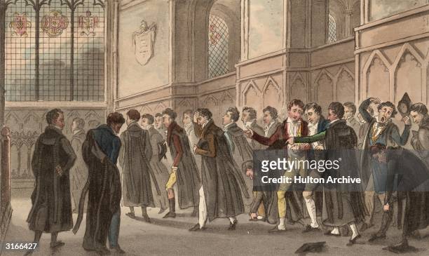 Undergraduates at Christchurch College Oxford suffering from hangovers after latenight drinking, arriving at church for matins. The original caption...