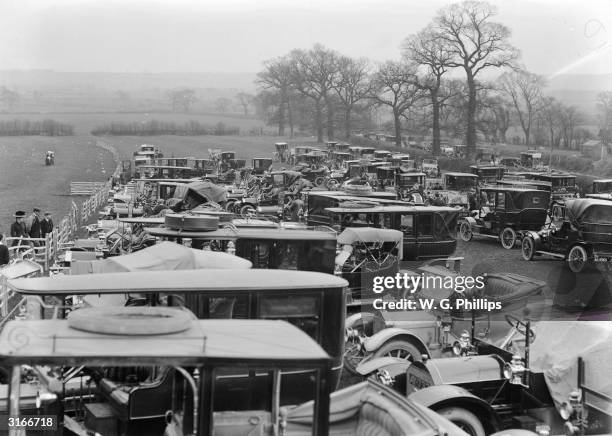 Motors in the enclosure at the hunt steeplechase at Melton Mowbray, Leicestershire.