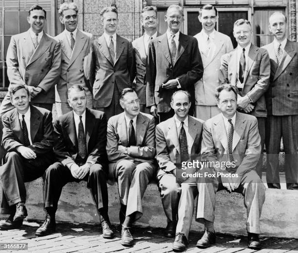 Some of the American scientists who were instrumental in developing the atom bomb gather to celebrate the opening the 'Institute of Nuclear Studies...
