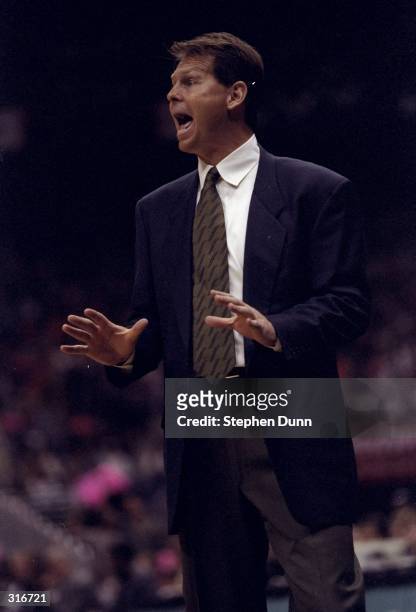 Head coach Danny Ainge of the Phoenix Suns looks on during an NBA playoff game against the San Antonio Spurs at the AlamoDome in San Antonio, Texas....