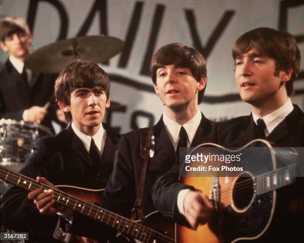 Group shot of the Beatles, Ringo Starr , George Harrison , Paul McCartney and John Lennon , pictured during a performance on Granada TV's Late Scene...