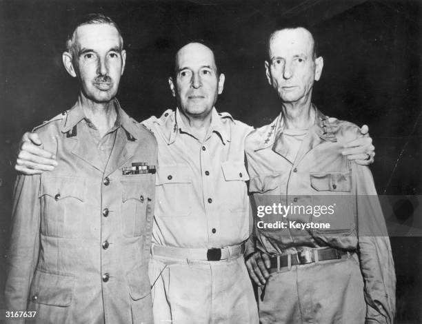 General and presidential candidate Douglas MacArthur at his headquarters in Yokohama, Japan with US Lieutenant General Jonathan Wainwright , and...