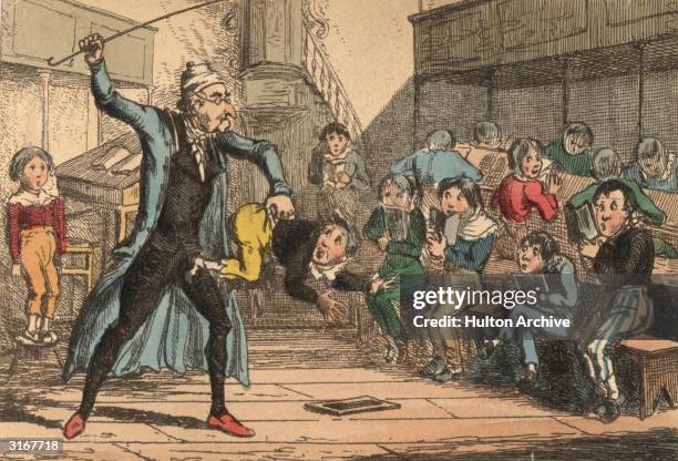 Naughty schoolboy is beaten by the angry master. The illustration is captioned; 'He that chastiseth one, amendeth many'. Designed and etched by H...