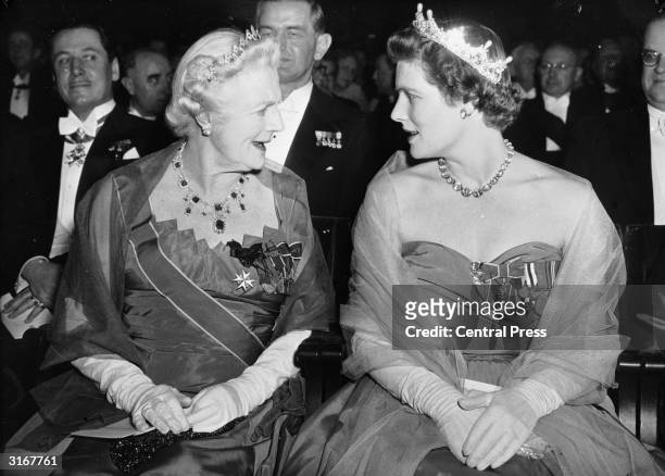 Lady Clementine Churchill, accompanied by her daughter, Mary Soames, at the Swedish Academy Awards Ceremony in Stockholm to accept the Nobel Prize...