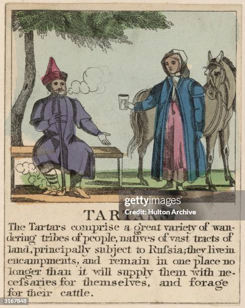 Woman offering a drink to a Tartar smoking a large pipe. 'The Tartars comprise a great variety of wandering tribes of people, natives of vast tracts...