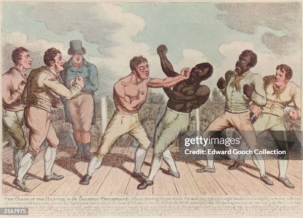 'The Close of the Battle'. English prize fighter Tom Cribb beats Virginian Tom Molineaux in their second fight at Thistleton Gap, Rutland.