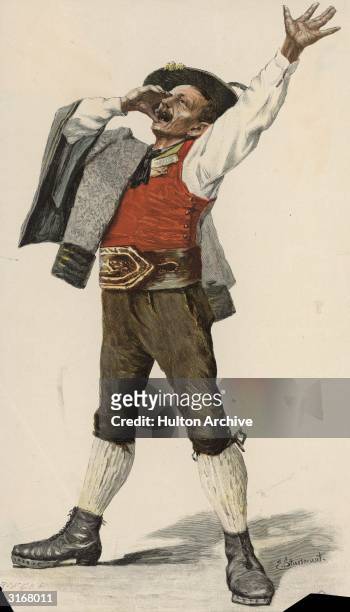 Yodelling Austrian in knee-length breeches and a red waistcoat. Original Artist: By E Sturtevant.