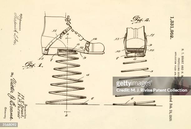 Simple propelling device consisting of a large spring attached to each shoe designed by Harry Brant and Henry Turner, patent no. 1331952.