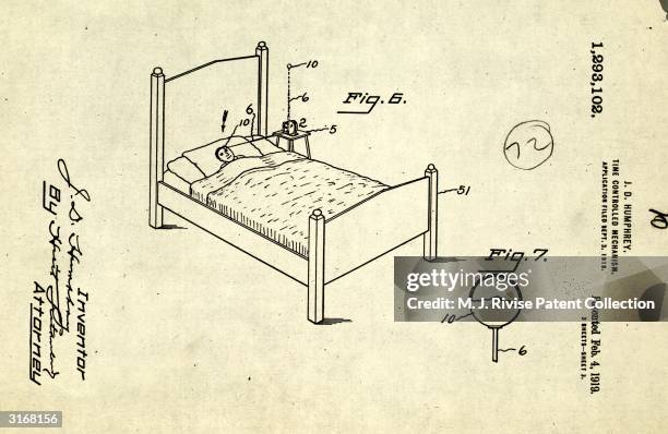 Humphrey's design for an alarm clock which wakes the sleeper with a blow to the forehead from a pivoted antennae released by the clock mechanism....