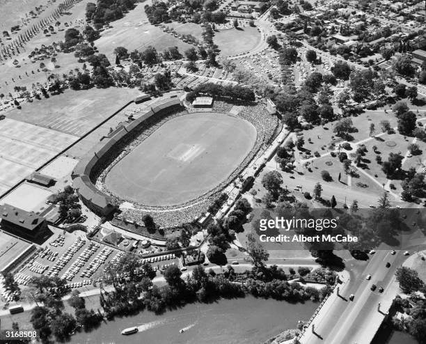 An aerial view of the Adelaide Oval cricket ground in Australia.