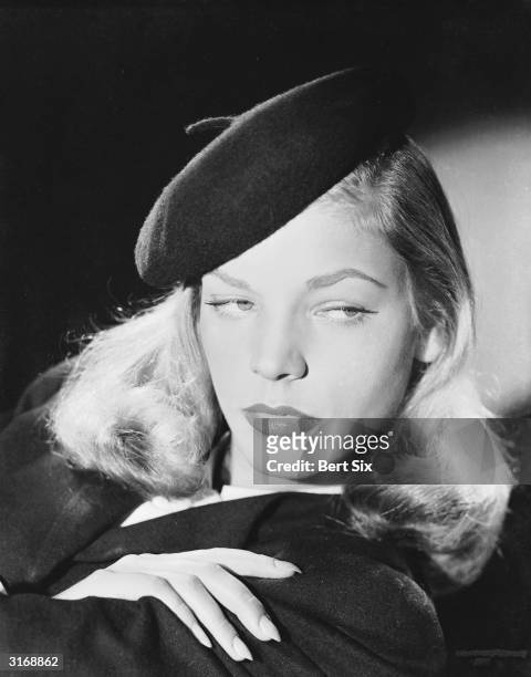 American screen star Lauren Bacall, who was spotted by Howard Hawks' wife Slim posing for the cover of Harper's Bazaar.