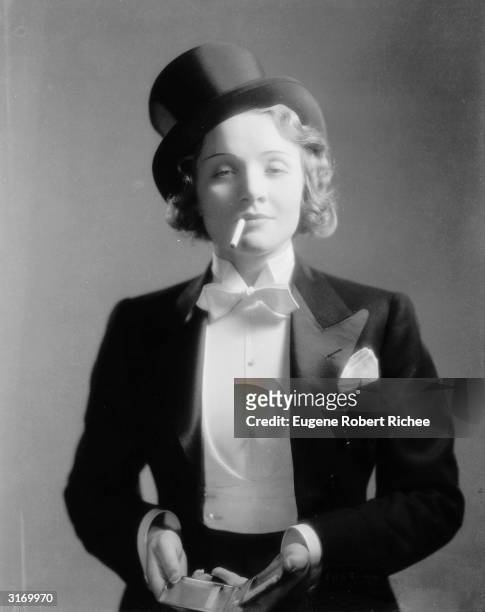 Marlene Dietrich making her Hollywood debut as the tuxedo clad Amy Jolly in the film 'Morocco', directed by Josef von Sternberg.