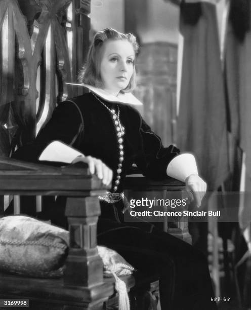 Swedish born American actress Greta Garbo in costume for her role in the film 'Queen Christina'.