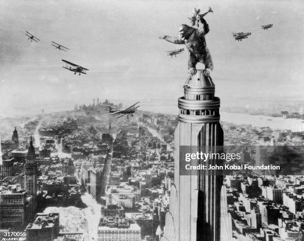 One of John Cerisoli's models of the giant ape, poised atop a Manhattan skyscraper in a scene from the classic monster movie 'King Kong'.