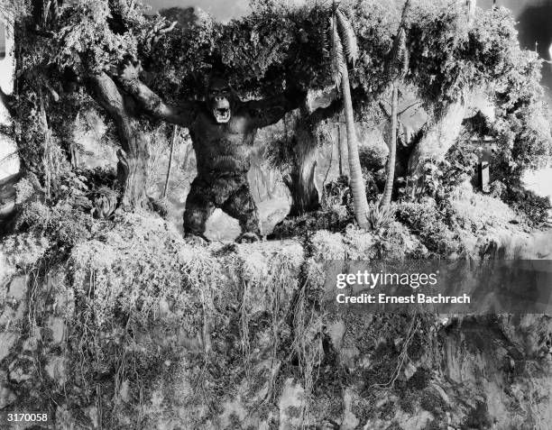 One of John Cerisoli's models of the giant ape, poised at the edge of a precipice in a scene from the classic monster movie 'King Kong'.