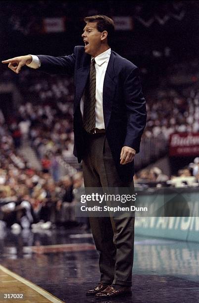 Head coach Danny Ainge of the Phoenix Suns looks on during an NBA playoff game against the San Antonio Spurs at the AlamoDome in San Antonio, Texas....