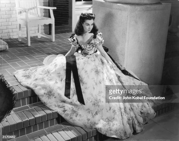 British actress Vivien Leigh in costume for her role as Scarlett O'Hara in the American civil war epic 'Gone With the Wind'.