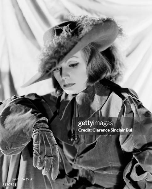 Swedish born actress Greta Garbo in the lead role for the film 'Queen Christina', directed by Rouben Mamoulian.