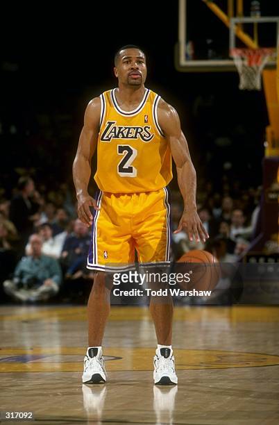 Guard Derek Fisher of the Los Angeles Lakers in action against the Phoenix Suns during a game at the Great Western Forum in Inglewood, California....