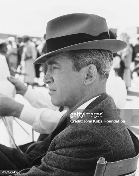 American actor James Stewart on the set of 'The Man Who Knew Too Much'.