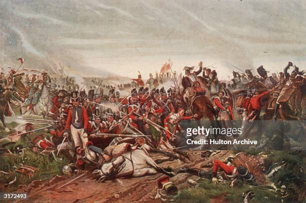 French cuirassiers charging a British square during the Battle of Waterloo.