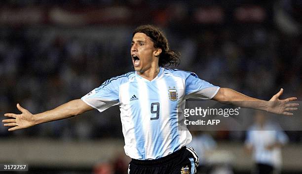 Argentine Hernan Crespo celebrates after scoring a goal against Ecuador 30 March at the Monumental stadium in Buenos Aires, Argentina, during the...