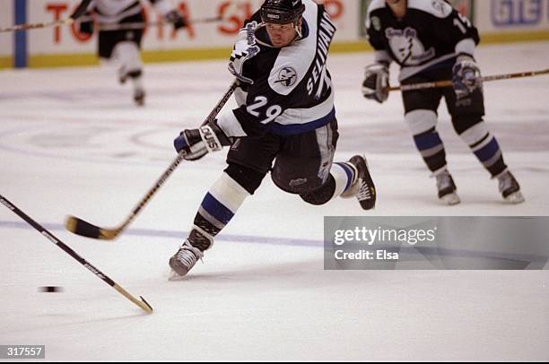 Rightwinger Alex Selivanov of the Tampa Bay Lightning in action against the Los Angeles Kings during a game at the Great Western Arena in Inglewood,...