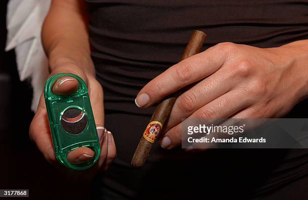 Heaven Cigar model poses with a cigar and cutter at the ABC "My Wife and Kids" Party on March 28, 2004 at Bliss in West Hollywood, California.