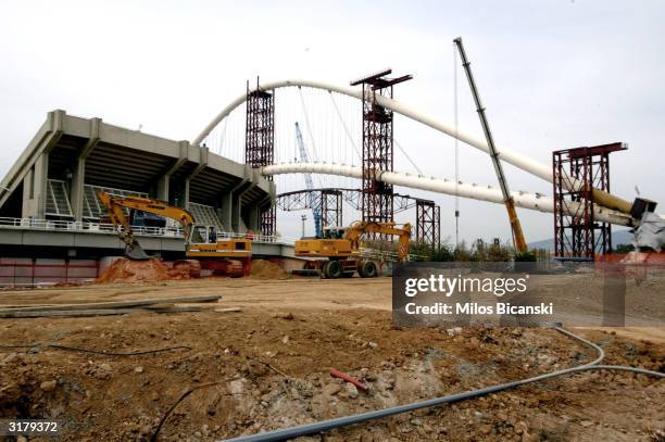 Construction at the Olympic Stadium and the Athens Main Olympic Complex is shown halted March 31, 2004 in Athens, Greece. Construction on the...