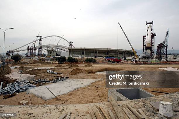 Construction at the Olympic Stadium and the Athens Main Olympic Complex is shown halted March 31, 2004 in Athens, Greece. Construction on the...