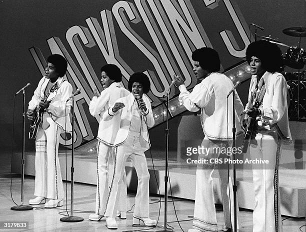 American pop vocal group The Jackson 5 perform in matching outfits on a studio stage set for the TV variety series, 'The Sonny & Cher Comedy Hour,'...