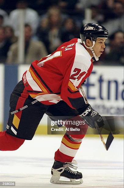 Rightwinger Jarome Iginla of the Calgary Flames in action during a game against the New Jersey Devils at the Continental Airlines Arena in East...