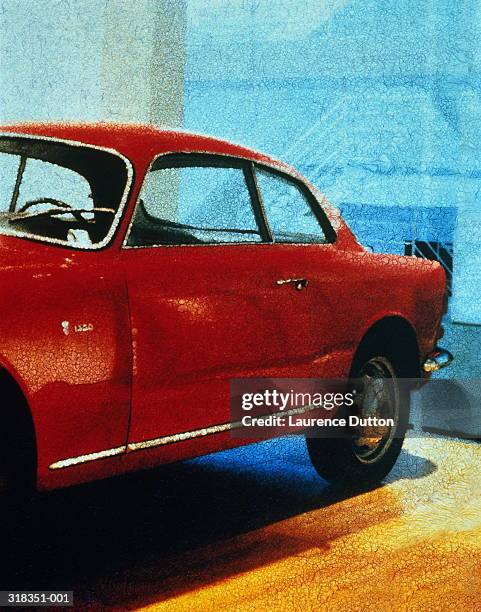 section of classic red car in garage, (polaroid transfer) - classic car show stock pictures, royalty-free photos & images