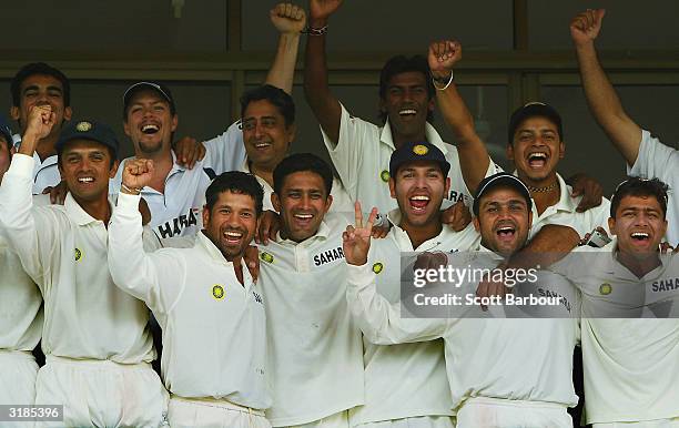 The Indian team celebrate their victory after day five of the first Test Match between Pakistan and India at Multan Stadium on April 1, 2004 in...