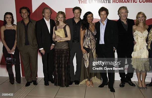 Keira Knightley, Laura Linney, Colin Firth, Martine McCutcheon, Hugh Grant and Alan Rickman attend the UK Premiere of "Love Actually" at the Odeon,...