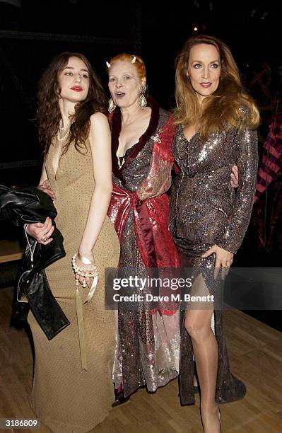 Elizabeth Jagger, Vivienne Westwood and Jerry Hall attends the Vivienne Westwood Private View of new retrospective show at the V&A Museum on March...