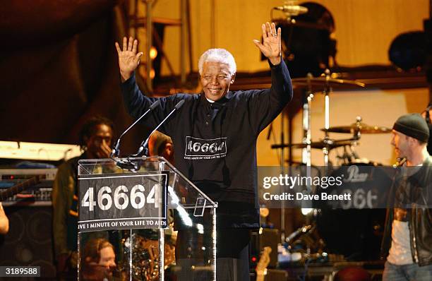 South African politician Nelson Mandela appears on stage as part of the "Give 1 Minute to AIDS" concert for The Nelson Mandela Foundation's 46664...