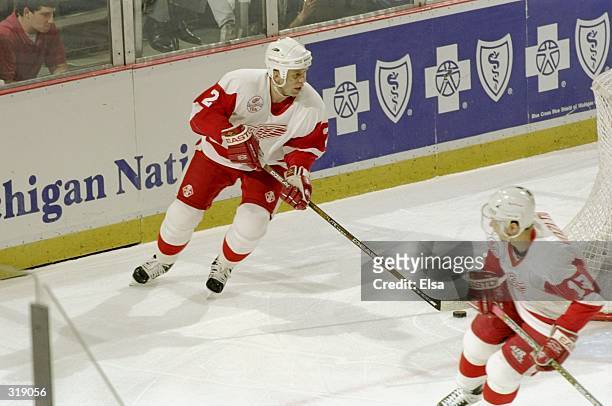 Viacheslov Fetisov of the Detroit Red Wings in action during the Western Conference Finals game against the Dallas Stars at the Joe Louis Arena in...