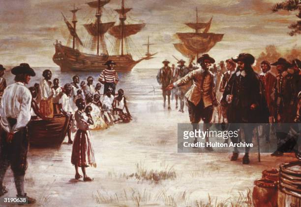 Engraving shows the arrival of a Dutch slave ship with a group of African slaves for sale, Jamestown, Virginia, 1619.