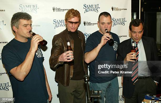 Firefighter Terry Quinn, Actor Denis Leary, Firefighter Patrick McElvaney and Samuel Adams Brewer/Founder Jim Koch attend the kick off event for a...