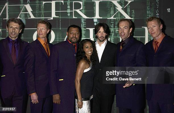 Lambert Wilson, Neil Rayment, Laurence Fishburne, Jada Pinkett-Smith, Keanu Reeves, Hugo Weaving and Adrian Rayment attend "The Matrix Reloaded"...
