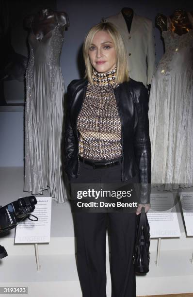 Singer, Madonna attends the launch of the Versace Retrospective Exhibition held at The Victoria and Albert Museum on 14th October 2002, in London.