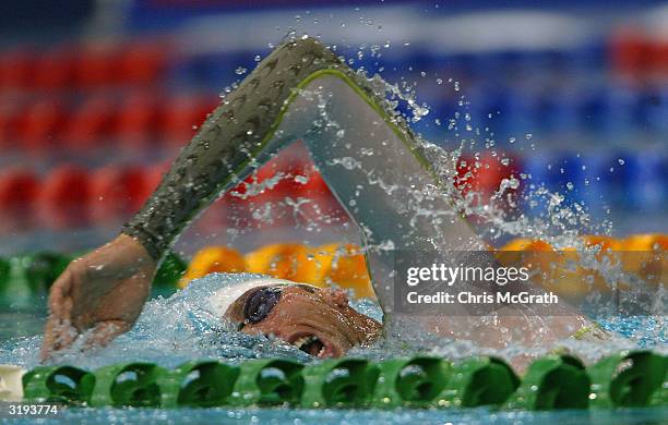 Grant Hackett in action in the 1500 mtere heats during day seven of the 2004 Telstra Olympic Team Swimming Trials held April 2, 2004 at the Sydney...