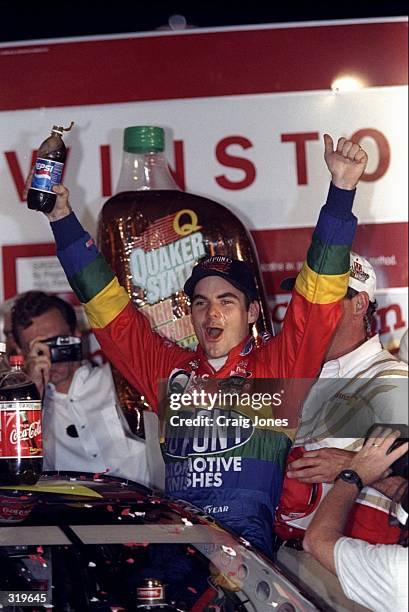 Jeff Gordon celebrates after winning the Nascar Coca Cola 600 at the Charlotte Motor Speedway in Concord, North Carolina. Mandatory Credit: Craig...