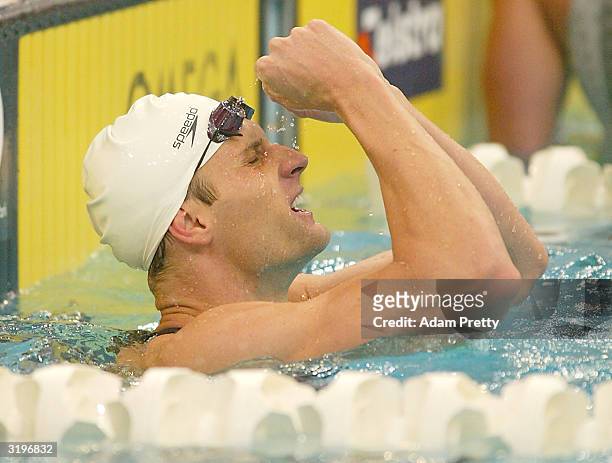 April 2: Brett Hawke of Australia celebrates after winning the mens 50m freestyle final during day 7 of the Telstra Olympic Team Swimming Trials at...