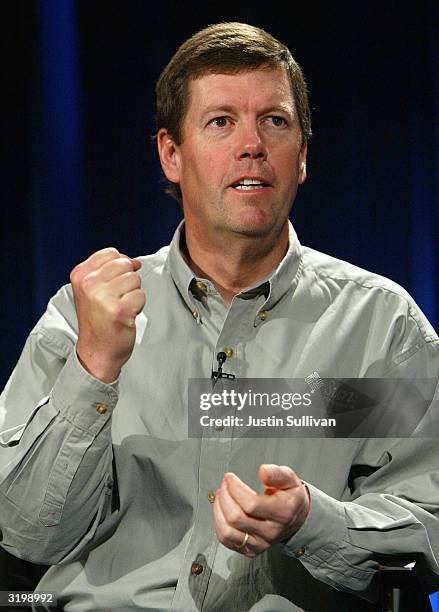 Sun Microsystems CEO Scott McNealy speaks during a media conference with Microsoft CEO Steve Ballmer April 2, 2004 in San Francisco, California....