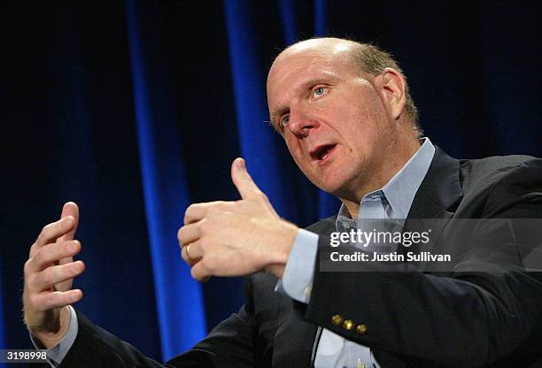 Microsoft CEO Steve Ballmer speaks during a media conference with Sun Microsystems CEO Scott McNealy April 2, 2004 in San Francisco, California....