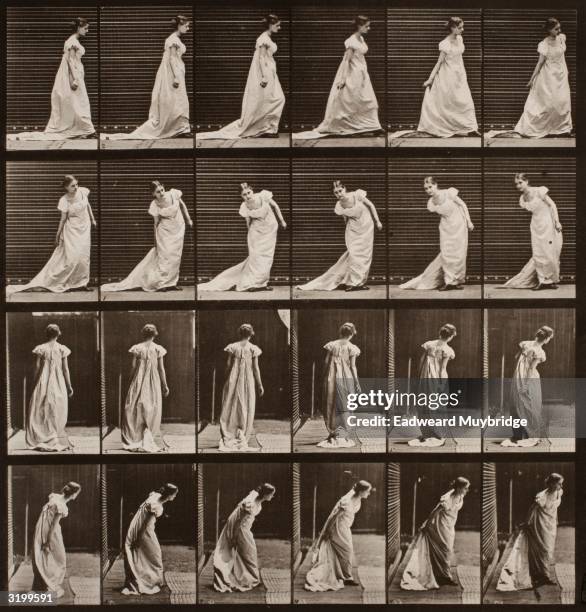 Sequence of stop-action images, taken from four different perspectives and titled 'Stooping to Arrange Train and Turning,' depicts a woman as she...