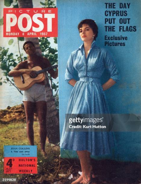 Young man with a guitar serenades British actress Joan Collins, on the cover of Picture Post magazine. The star has just finished filming Bob...
