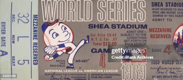 Ticket for Game Four of the 1969 World Series between the New York Mets and the Baltimore Orioles at Shea Stadium in New York City, New York, 1969.